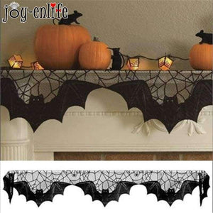 Planet Gates 1pc Halloween Decoration Props Black Lace Spiderweb Bat Fireplace Mantle Scarf Cover Tablecloth Christmas Festive Party Supplies