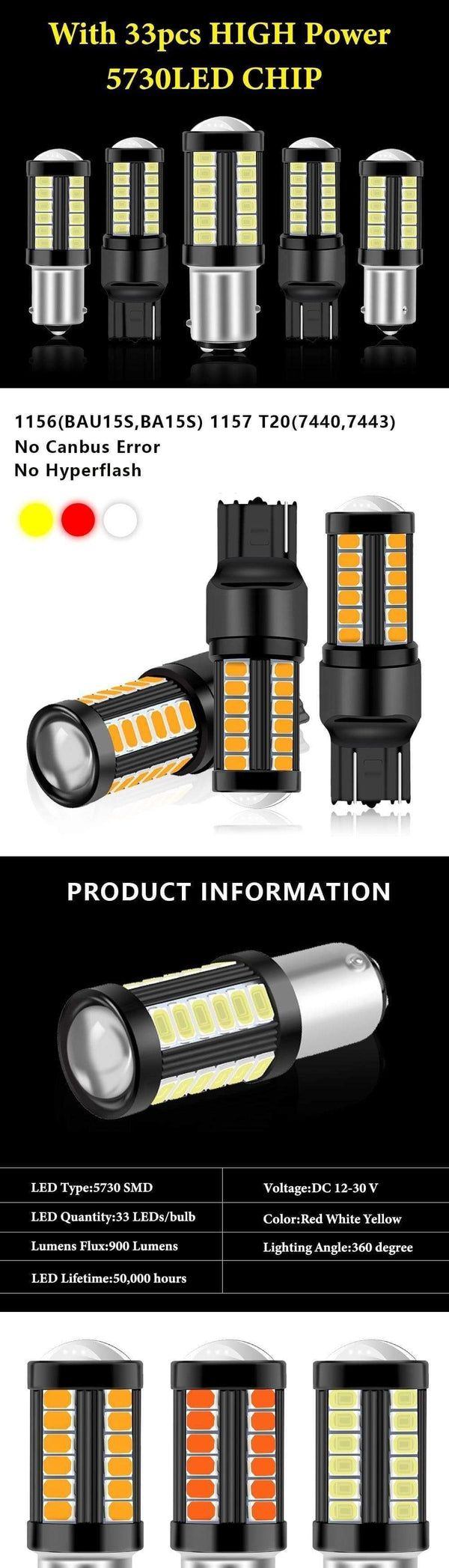 Planet Gates 1PC Super Bright 33SMD P21W PY21W 7440 7443 1157 P21/5W BAY15D BA15S BAU15S W21W W21/5W 5630LED Car brake lights fog lamp 12-24V