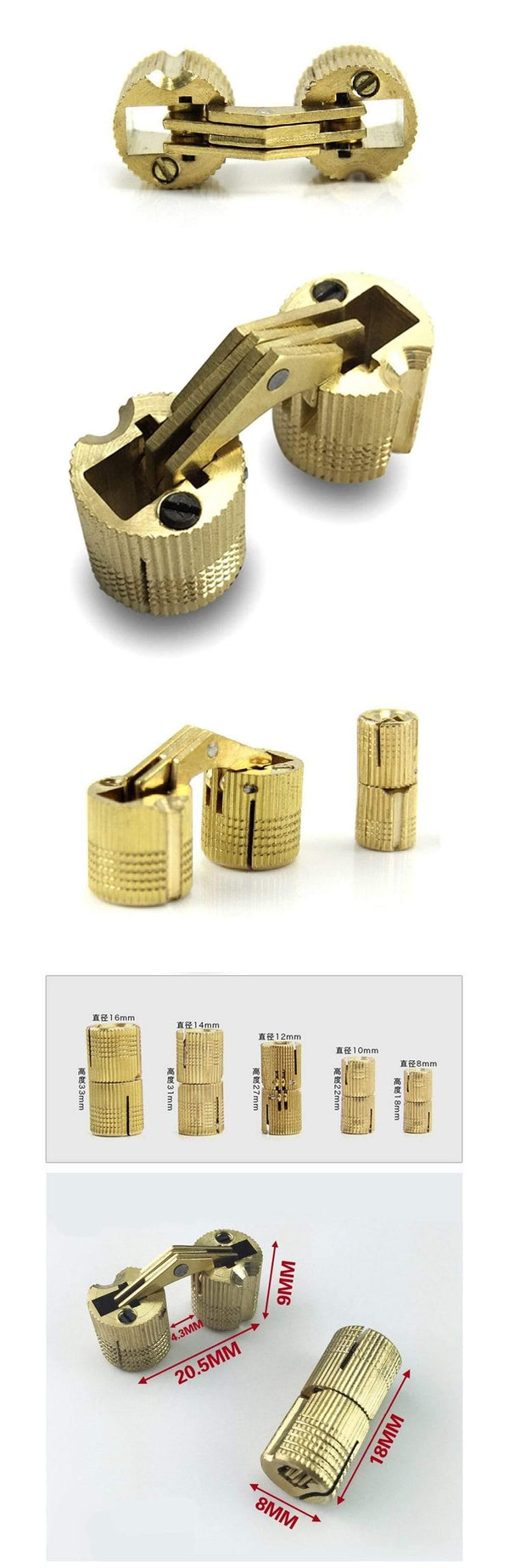 1pcs Copper Barrel Hinges Cylindrical Hidden Cabinet Concealed Invisible Brass Door Hinges For Furniture Hardware 8-16 mm