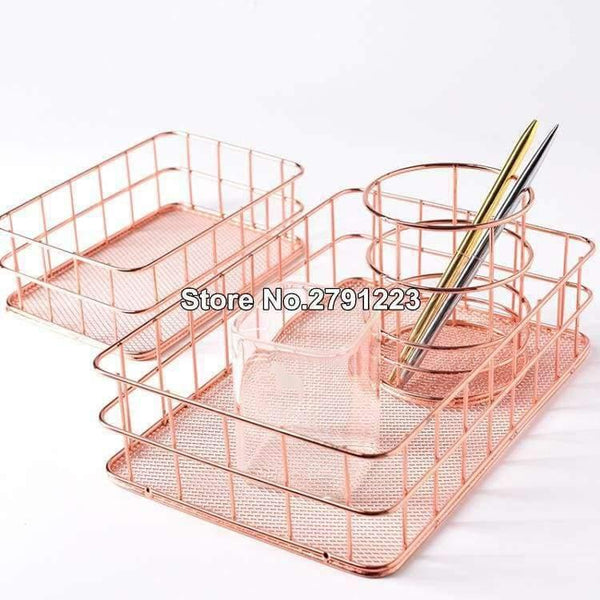 Planet Gates 1pcs Rose Gold Metal Pen Holder Box Case Organizer Home Desk Stationery Decor Office School Desk Accessories Supplies