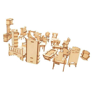 Planet Gates 1SET=34PCS, BOHS Wooden Doll House Furnitures Dollhouse Jigsaw Puzzle Scale Miniature Models DIY Accessories Set, Laser Cut