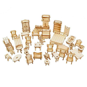 Planet Gates 1SET=34PCS, BOHS Wooden Doll House Furnitures Dollhouse Jigsaw Puzzle Scale Miniature Models DIY Accessories Set, Laser Cut