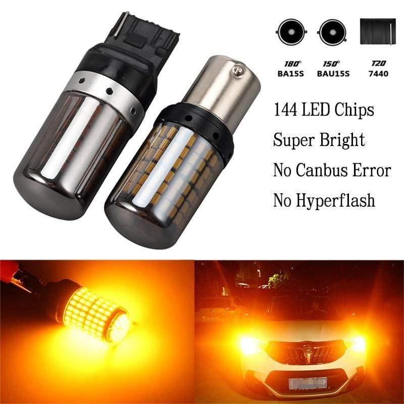Planet Gates 2*1156 BA15S P21W/BAU15S PY21W/T20 7440 W21W LED Turn Signal Light Bulb Canbus Error free No Hyper Flash Amber 144SMD