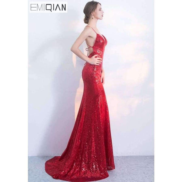 Planet Gates 2 Designer Red Sequin Formal Prom Party Dress Spaghetti Strap Backless Long Evening Dresses robe de soiree