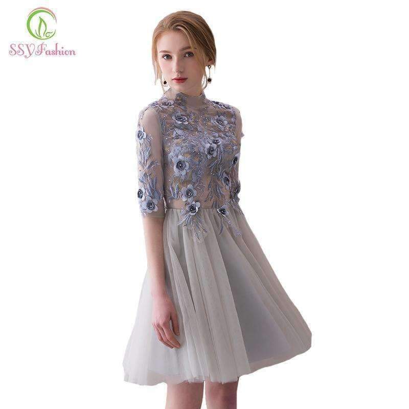 Planet Gates 2 Elegant Short Cocktail Dresses High-neck Grey Half Sleeves Lace Appliques Evening Party Gown  Robe De Soiree