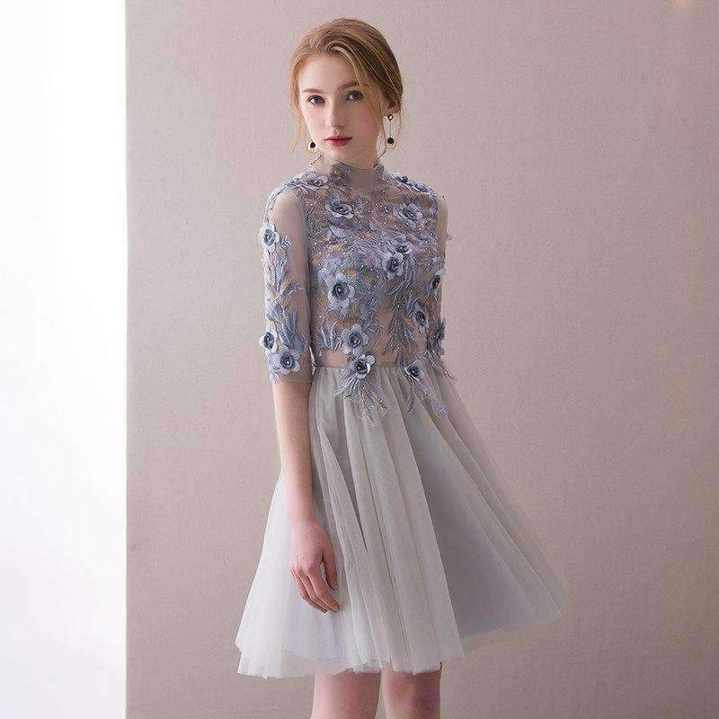 Planet Gates 2 Elegant Short Cocktail Dresses High-neck Grey Half Sleeves Lace Appliques Evening Party Gown  Robe De Soiree