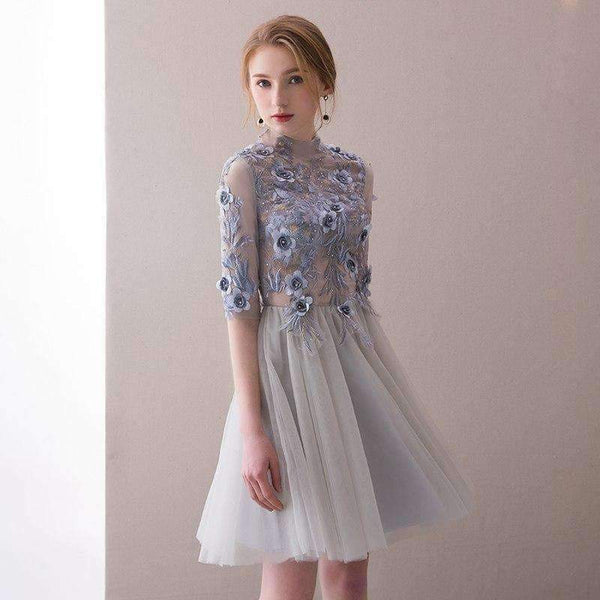 Planet Gates 2 Elegant Short Cocktail Dresses High-neck Grey Half Sleeves Lace Appliques Evening Party Gown  Robe De Soiree