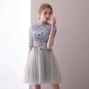 Planet Gates 2 Elegant Short Cocktail Dresses High-neck Grey Half Sleeves Lace Appliques Evening Party Gown  Robe De Soiree