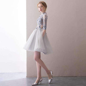 Planet Gates 2 Elegant Short Cocktail Dresses High-neck Grey Half Sleeves Lace Appliques Evening Party Gown  Robe De Soiree