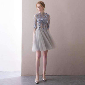 Planet Gates 2 Elegant Short Cocktail Dresses High-neck Grey Half Sleeves Lace Appliques Evening Party Gown  Robe De Soiree