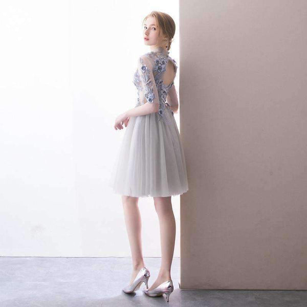 Planet Gates 2 Elegant Short Cocktail Dresses High-neck Grey Half Sleeves Lace Appliques Evening Party Gown  Robe De Soiree