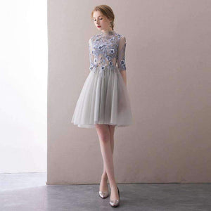 Planet Gates 2 Elegant Short Cocktail Dresses High-neck Grey Half Sleeves Lace Appliques Evening Party Gown  Robe De Soiree