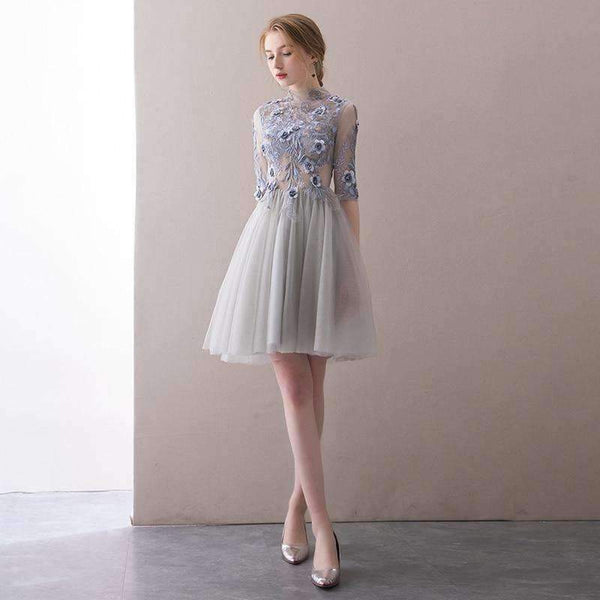 Planet Gates 2 Elegant Short Cocktail Dresses High-neck Grey Half Sleeves Lace Appliques Evening Party Gown  Robe De Soiree