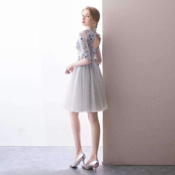 Planet Gates 2 Elegant Short Cocktail Dresses High-neck Grey Half Sleeves Lace Appliques Evening Party Gown  Robe De Soiree