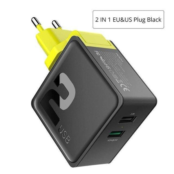 Planet Gates 2 in 1 EU US Black ROCK Dual USB QC 3.0 Charger For iphone 7 8 ipad Samsung S8 Huawei FCP 30W Universal EU US Plug Fast Charging Phone Wall Adapter