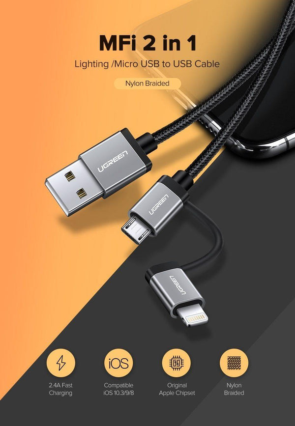 Planet Gates 2 in 1 Silver / 50 cm Ugreen USB C Cable For iPhone Xs Max 8 7 Charging Charger 3 in 1 USB Type C Cable For Samsung S9 + Micro USB Mobile Phone Cables
