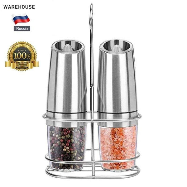 2 PCS Electric Pepper Mill Gravity  Salt and Pepper Grinder Set with Metal Stand Battery Salt Shakers Automatic with LED Light