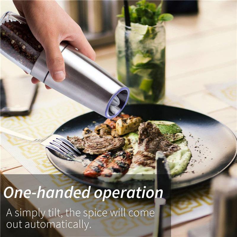 2 PCS Electric Pepper Mill Gravity  Salt and Pepper Grinder Set with Metal Stand Battery Salt Shakers Automatic with LED Light