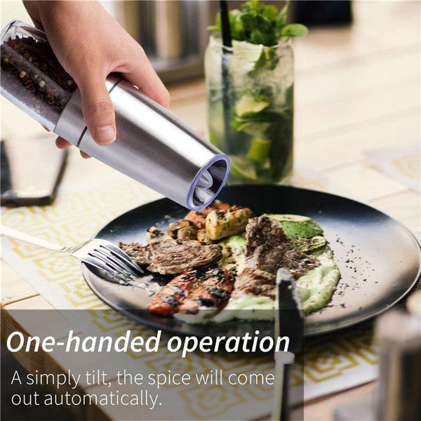 2 PCS Electric Pepper Mill Gravity  Salt and Pepper Grinder Set with Metal Stand Battery Salt Shakers Automatic with LED Light