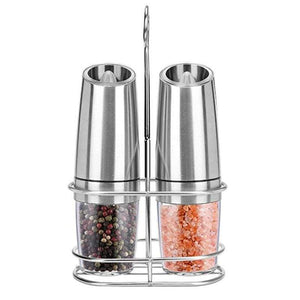 2 PCS Electric Pepper Mill Gravity  Salt and Pepper Grinder Set with Metal Stand Battery Salt Shakers Automatic with LED Light