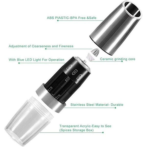 2 PCS Electric Pepper Mill Gravity  Salt and Pepper Grinder Set with Metal Stand Battery Salt Shakers Automatic with LED Light