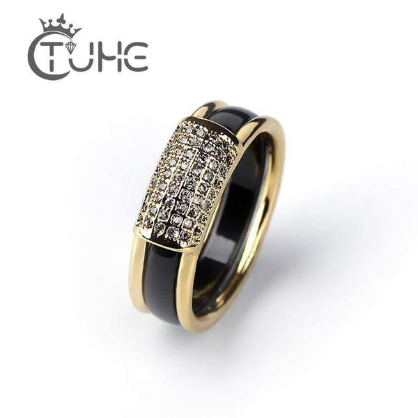 Planet Gates 2 pcs/Set Hot Sale Fashion 585 Gold Rings With Bling Rhinestone 2 Layer Black White Detachable Ceramic Rings for Women Jewelry