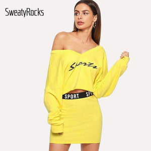 Planet Gates 2 Piece Set Women Clothes Letter Print V Neck Top & Skinny Skirt Set Yellow Two Piece Set 2018 Autumn Women Sets