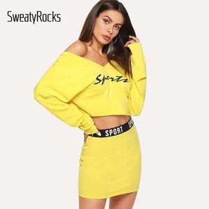 Planet Gates 2 Piece Set Women Clothes Letter Print V Neck Top & Skinny Skirt Set Yellow Two Piece Set 2018 Autumn Women Sets