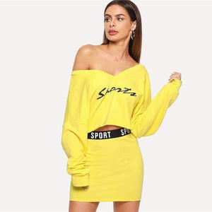Planet Gates 2 Piece Set Women Clothes Letter Print V Neck Top & Skinny Skirt Set Yellow Two Piece Set 2018 Autumn Women Sets