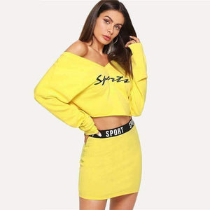 Planet Gates 2 Piece Set Women Clothes Letter Print V Neck Top & Skinny Skirt Set Yellow Two Piece Set 2018 Autumn Women Sets