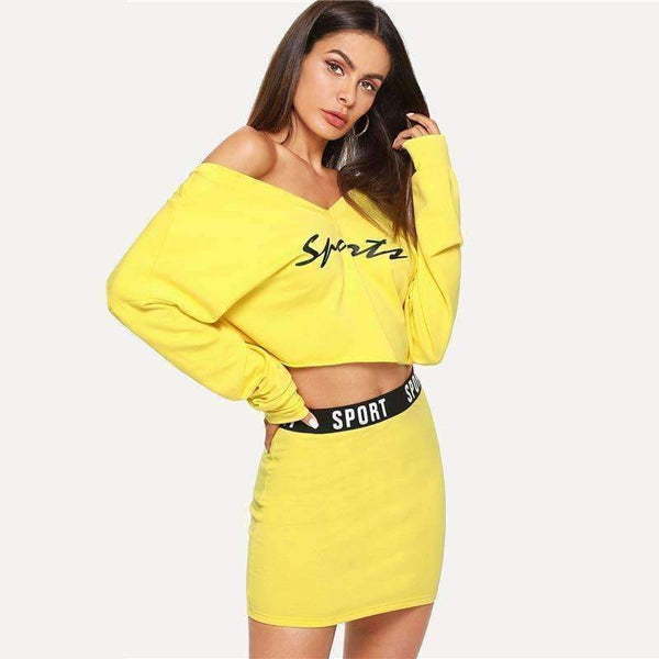 Planet Gates 2 Piece Set Women Clothes Letter Print V Neck Top & Skinny Skirt Set Yellow Two Piece Set 2018 Autumn Women Sets
