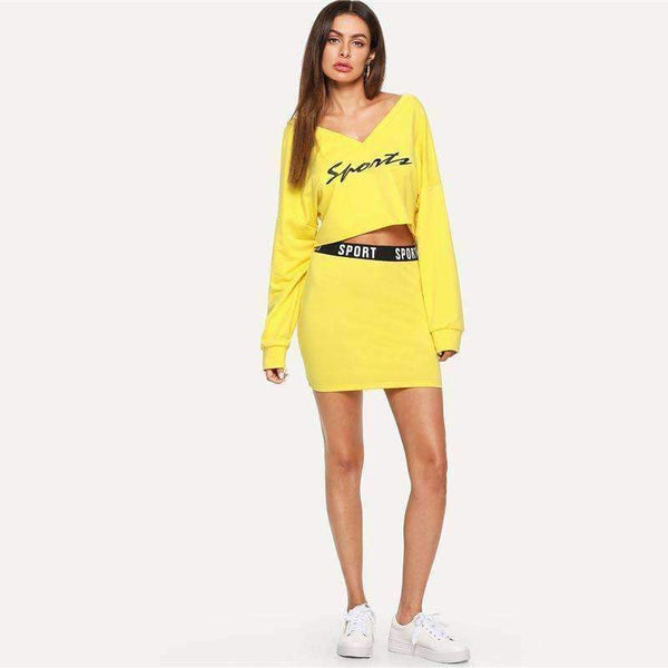 Planet Gates 2 Piece Set Women Clothes Letter Print V Neck Top & Skinny Skirt Set Yellow Two Piece Set 2018 Autumn Women Sets
