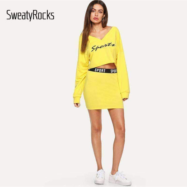 Planet Gates 2 Piece Set Women Clothes Letter Print V Neck Top & Skinny Skirt Set Yellow Two Piece Set 2018 Autumn Women Sets