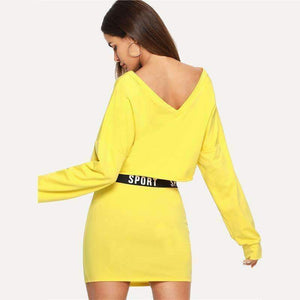 Planet Gates 2 Piece Set Women Clothes Letter Print V Neck Top & Skinny Skirt Set Yellow Two Piece Set 2018 Autumn Women Sets