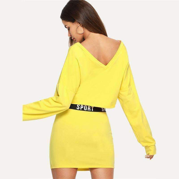 Planet Gates 2 Piece Set Women Clothes Letter Print V Neck Top & Skinny Skirt Set Yellow Two Piece Set 2018 Autumn Women Sets
