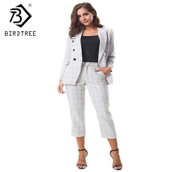 Planet Gates 2 Piece Sets Plaid Women Business Pant Suits Fashion Formal Office Work Plus Size Slim Long-Sleeve Blazer S85313X
