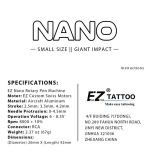 Planet Gates 2 pieces EZ NANO Rotary Cartridge Tattoo Machine Pen EZ Custom Swiss Motors 2.5mm 3.5mm 4.2mm Stroke for Cartridge Tattoo Needle