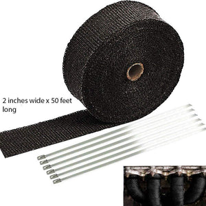 Planet Gates 2" x 50' 5cm*5m/10m/15m Black/Titanium/White Exhaust Heat Wrap Roll for Motorcycle Fiberglass Shield Tape with Stainless Ties