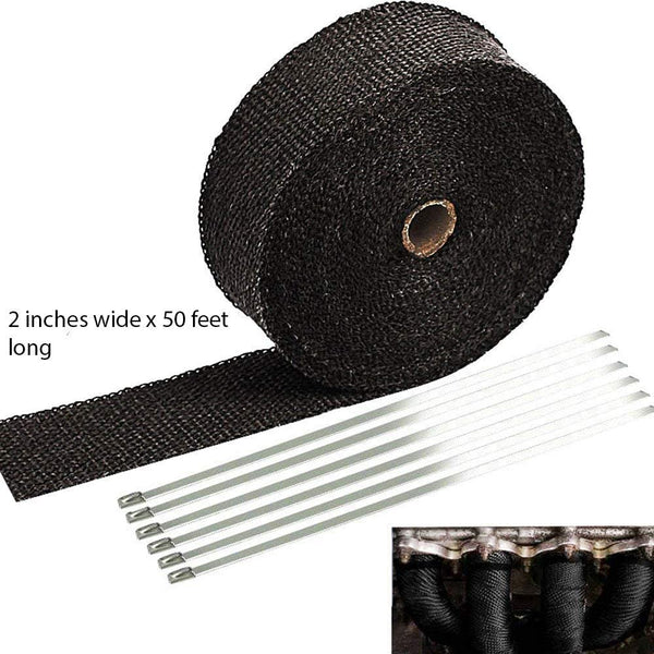 Planet Gates 2" x 50' 5cm*5m/10m/15m Black/Titanium/White Exhaust Heat Wrap Roll for Motorcycle Fiberglass Shield Tape with Stainless Ties