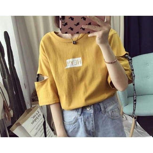 Planet Gates 2 / XL Korean Harajuku Style Hey Alphabet Women T Shirt Personality Hole Ribbon Half Sleeve Student Tops Fashion Tees ZO9