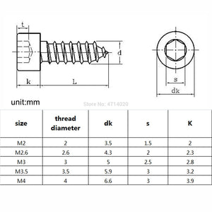 20/50pcs M2 M2.6 M3 M3.5 M4 304 A2-70 stainless steel Allen Hex Hexagon Socket Cap Head Self-tapping Screw Furniture Wood Screw