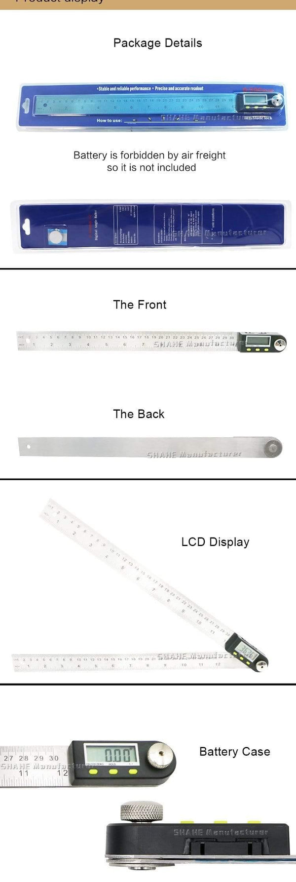 200 mm/300 mm Digital Angle Ruler Stainless Steel Electronic Angle Meter Electronic Protractor Goniometer Digital Angle Gauge