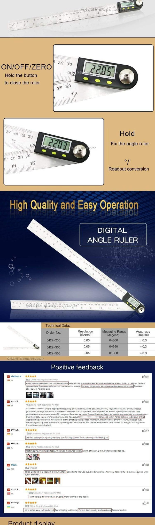 200 mm/300 mm Digital Angle Ruler Stainless Steel Electronic Angle Meter Electronic Protractor Goniometer Digital Angle Gauge