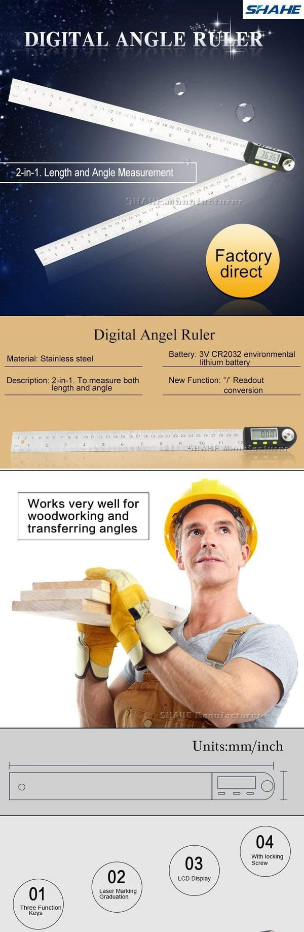 200 mm/300 mm Digital Angle Ruler Stainless Steel Electronic Angle Meter Electronic Protractor Goniometer Digital Angle Gauge