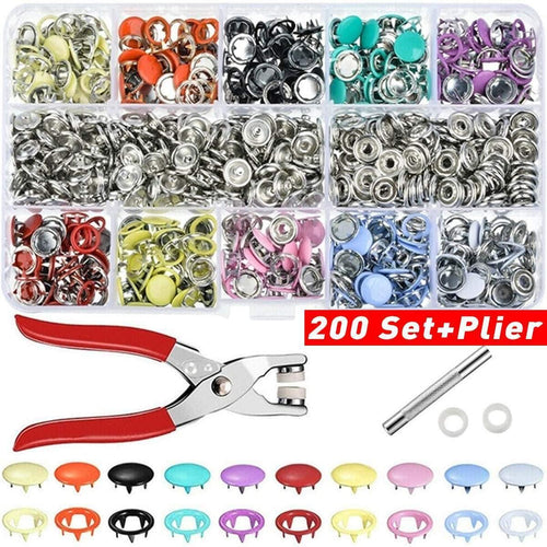 Planet Gates 200 Sets and Plier 9.5/10mm 100/200Sets Metal Clothes Sewing Buttons Prong Ring Press Studs Snap Fasteners + Clip Pliers Sewing accessories DIY