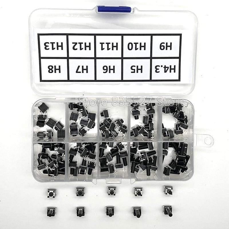 Planet Gates 200001056 100pcs / 10 Models 6*6 Light Micro Touch Switch Sets Push Button Switch Kit , Height: 4.3MM - 13MM DIP 4Pin 6x6 Keys Tact ON/OFF