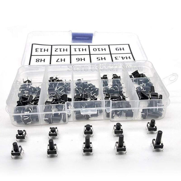 Planet Gates 200001056 100pcs / 10 Models 6*6 Light Micro Touch Switch Sets Push Button Switch Kit , Height: 4.3MM - 13MM DIP 4Pin 6x6 Keys Tact ON/OFF
