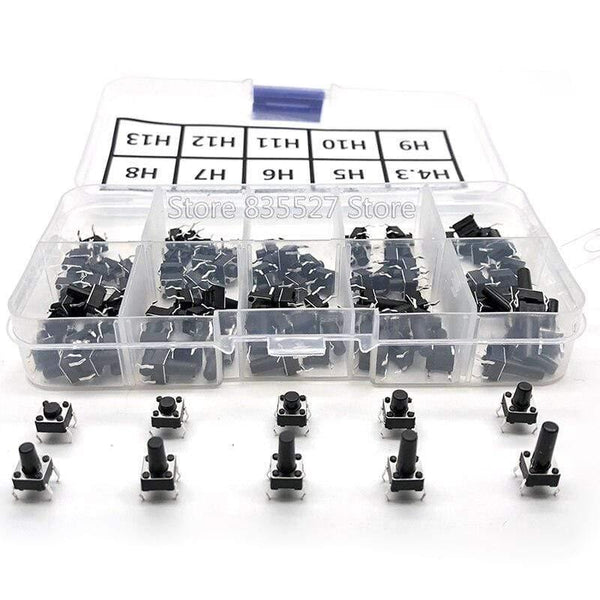 Planet Gates 200001056 100pcs / 10 Models 6*6 Light Micro Touch Switch Sets Push Button Switch Kit , Height: 4.3MM - 13MM DIP 4Pin 6x6 Keys Tact ON/OFF