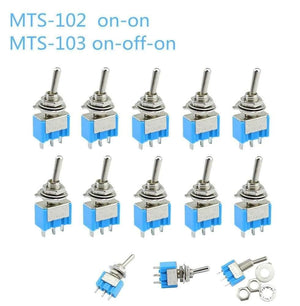 Planet Gates 200001056 10pc/LOT Blue Mini MTS-102 3-Pin SPDT ON-ON 6A 125VAC Miniature Toggle Switches  MTS-103 3-Pin  ON-OFF-ON