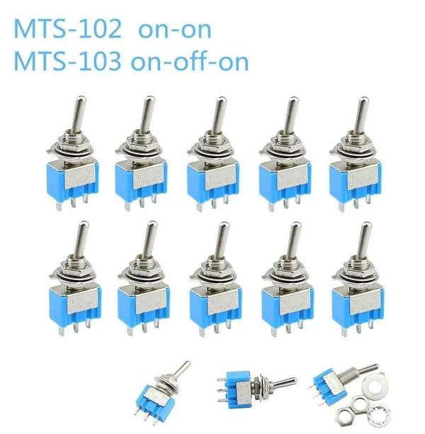 Planet Gates 200001056 10pc/LOT Blue Mini MTS-102 3-Pin SPDT ON-ON 6A 125VAC Miniature Toggle Switches  MTS-103 3-Pin  ON-OFF-ON